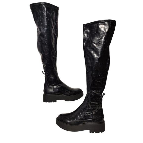 Franco Sarto Janna Over-The-Knee Boots Croc Embossed Faux Leather Black Size 8M - Picture 3 of 10
